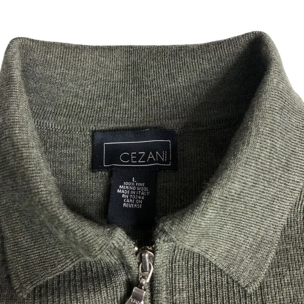 Cezani Sweater Mens Large Green Extra Fine Merino‎ Wool 1/4 Zip Pullover Outdoor